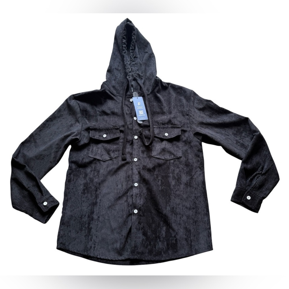 Romwe Black black  hooded Button Up Shirt Jacket Shacket Sz M  full button